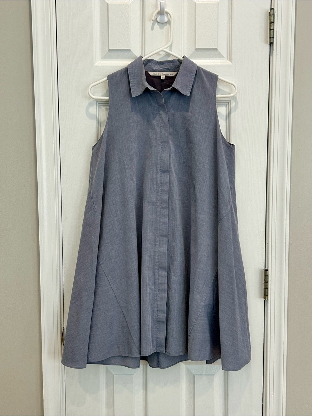 Rachel Roy Sleeveless Cotton Chambray Trapeze Shirt Dress in Pale Denim Blue